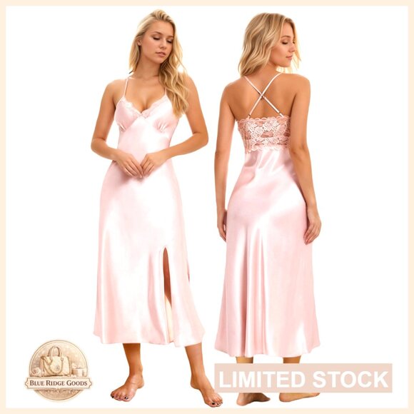 Silk Satin Nightgown Lace Chemise Long Sleepdress Ladies Sleepwear Slip
